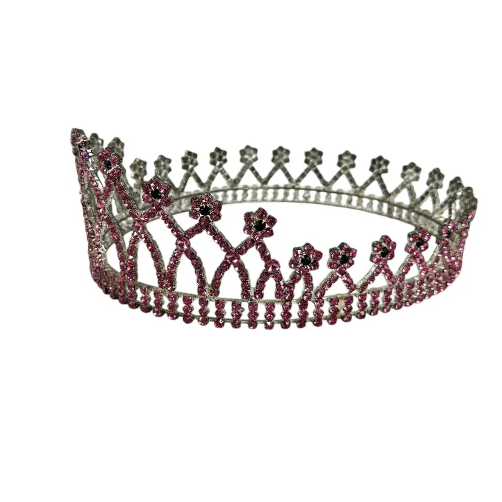 VTG Pink Black Rhinestone Crown Bridal Pageant Princess Cosplay 4 Prong Holders